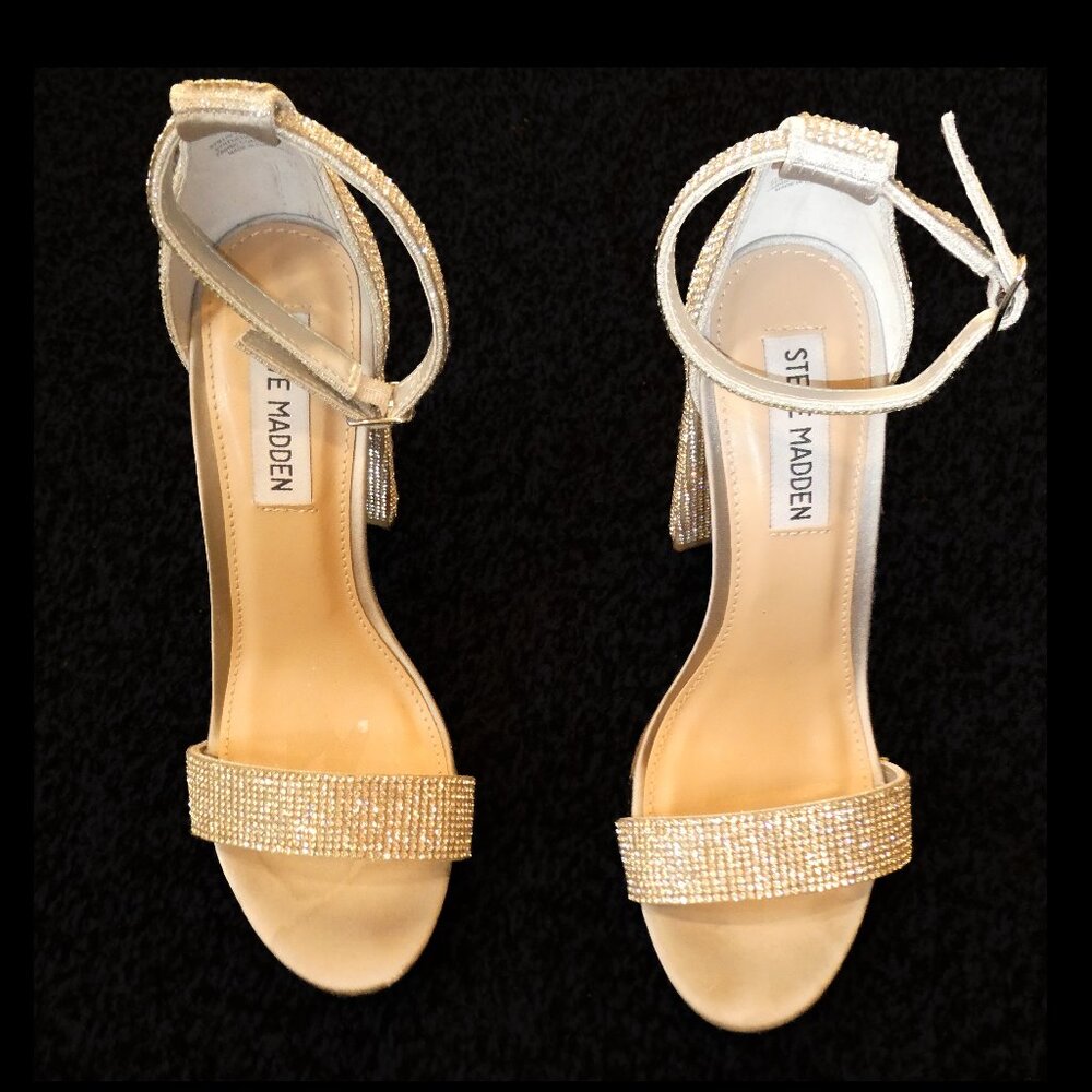 Steve Madden Carrson silver crystal ankle strappy block-heel sandals Size 6.5